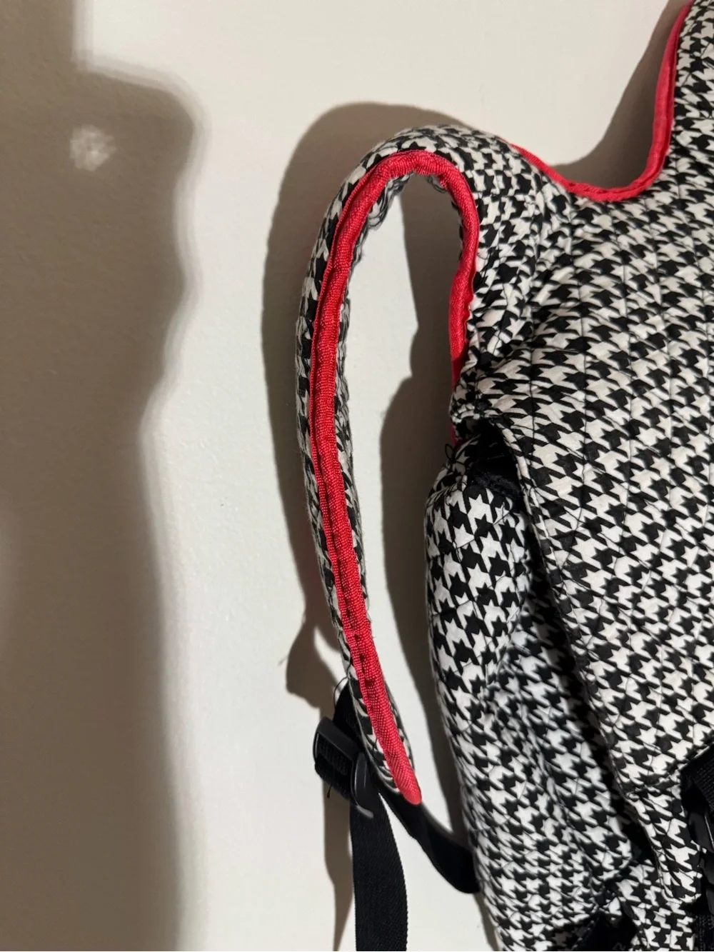 Houndstooth Print Backpack Diaper Bag with Red Trim